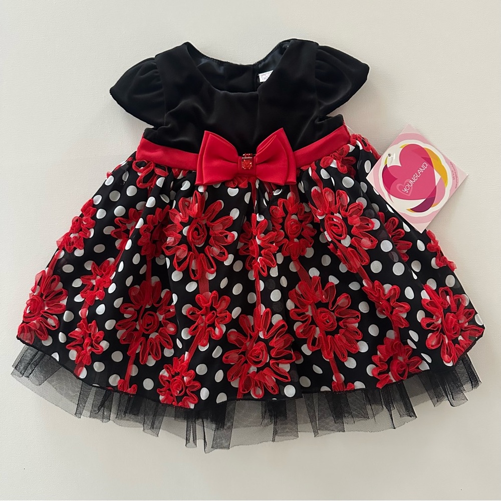 Youngland 18 Months Baby Girl Black Red Floral Polka Dot Dress Holiday Christmas